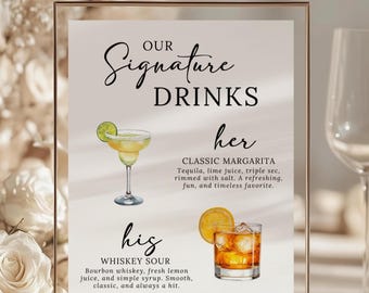 His & Hers Signature Drinks Wedding Sign Template: Minimalist Bar Menu (Digital Download)
