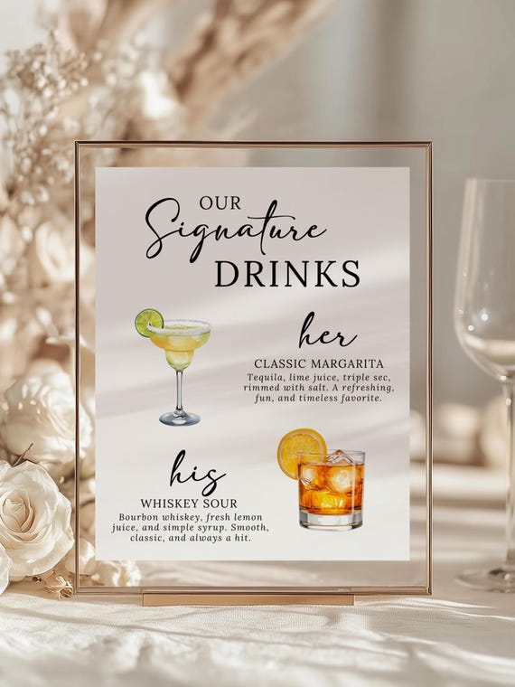 His & Hers Signature Drinks Wedding Sign Template: Minimalist Bar Menu (Digital Download)