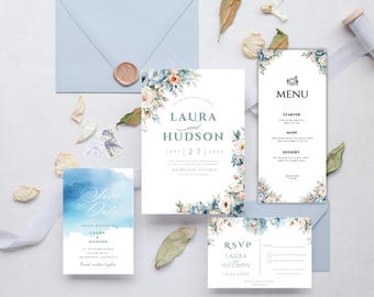 Suite di modelli di inviti di nozze blu stampabili, elegante set di inviti blu, invito modificabile RSVP Save the date, download immediato