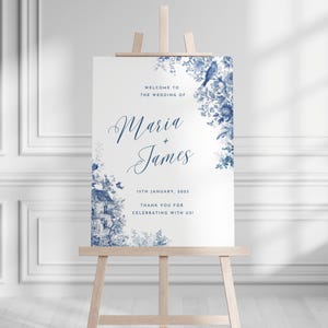 Toile Wedding Welcome Sign: French Blue Vintage Design (Canva Editable, Printable)