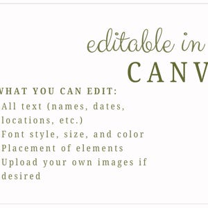 K&ouml;nnte beinhalten: Wei&szlig;er Hintergrund mit gr&uuml;nem Text. Der Text lautet "editable in CANVA" und listet bearbeitbare Elemente auf: aller Text, Schriftstil, Gr&ouml;&szlig;e, Farbe, Platzierung von Elementen und Bild-Uploads.