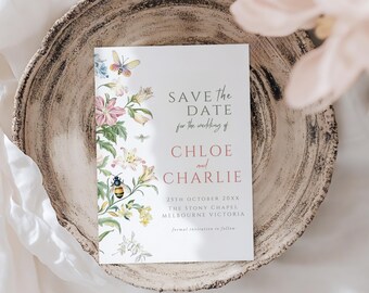 Modello di invito "Save the Date" floreale primaverile, biglietto d'auguri con fiori pastello modificabile su Canva, annuncio di matrimonio stampabile