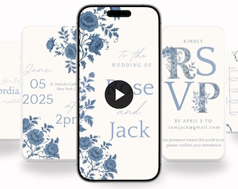 Modello di invito video per matrimonio in tela blu, elegante invito animato di ispirazione francese, download digitale modificabile per WhatsApp o e-mail