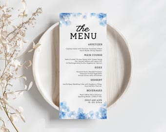 Elegant Blue Wedding Menu Template: Modern Printable Design (4x9" Canva Editable Digital Download)