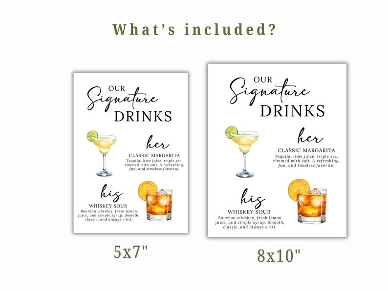 K&ouml;nnte beinhalten: Zwei wei&szlig;e Schilder mit dem Text "Our Signature Drinks" und Illustrationen von Cocktails. Ein Schild ist 12,7 x 17,8 cm gro&szlig;, das andere 20,3 x 25,4 cm. Die Schilder enthalten Cocktailrezepte f&uuml;r eine klassische Margarita und Whiskey Sour.