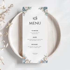 Dusty Blue Floral Wedding Menu Template, Editable Printable Menu Card, Romantic Blue Reception Menu, Instant Download