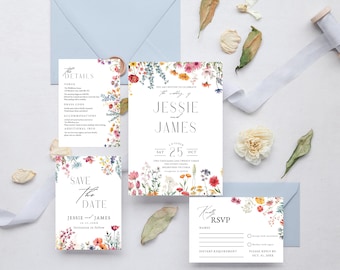 Editable Wildflower Wedding Invitation Template Boho Floral Printable Suite Instant Download Wedding Invite Bundle