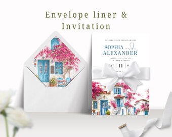 Bougainvillea Greece Wedding Envelope Liner Elegant Floral Insert, Santorini-Inspired, Printable Template, Destination Wedding