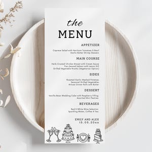 Elegant Minimalist Wedding Menu Template: Black and White Printable (4x9&quot; Canva Editable) (Digital Download)