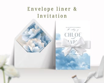 Blue Wedding Envelope Liner Elegant Printable Insert for Wedding Invitations Pastel Blue Aesthetic, Instant Digital Download
