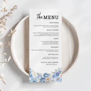 Pastel Blue Wedding Menu Template: Elegant Spring Reception (Instant Download, Editable in Canva)