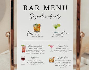 Bar Menu & Signature Drinks Wedding Template, Editable Cocktail Menu Sign, Classic Minimalist Reception Bar Sign, Printable Wedding Decor