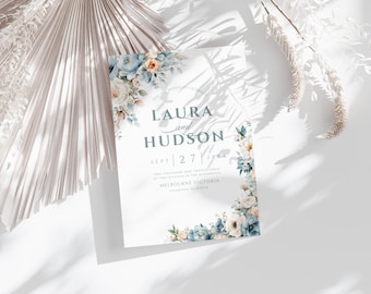 Dusty Blue Floral Wedding Invitation Suite: Editable Canva Template (Digital Download