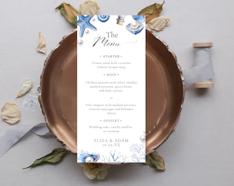 Blue Seashell Wedding Menu Template: Coastal Beach Theme (Canva Editable, Printable Download)