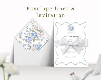 Fodera per busta da matrimonio blu pastello / Elegante inserto floreale stampabile per inviti / Design floreale blu primaverile per biglietti di nozze
