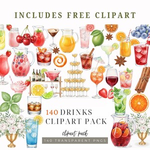 K&ouml;nnte beinhalten: Aquarell-Clipart-Paket mit 140 Getr&auml;nke-Illustrationen, darunter Cocktails, S&auml;fte und Garnierungen. Das Bild enth&auml;lt den Text "INCLUDES FREE CLIPART", "140 DRINKS CLIPART PACK" und "140 TRANSPARENT PNGS".