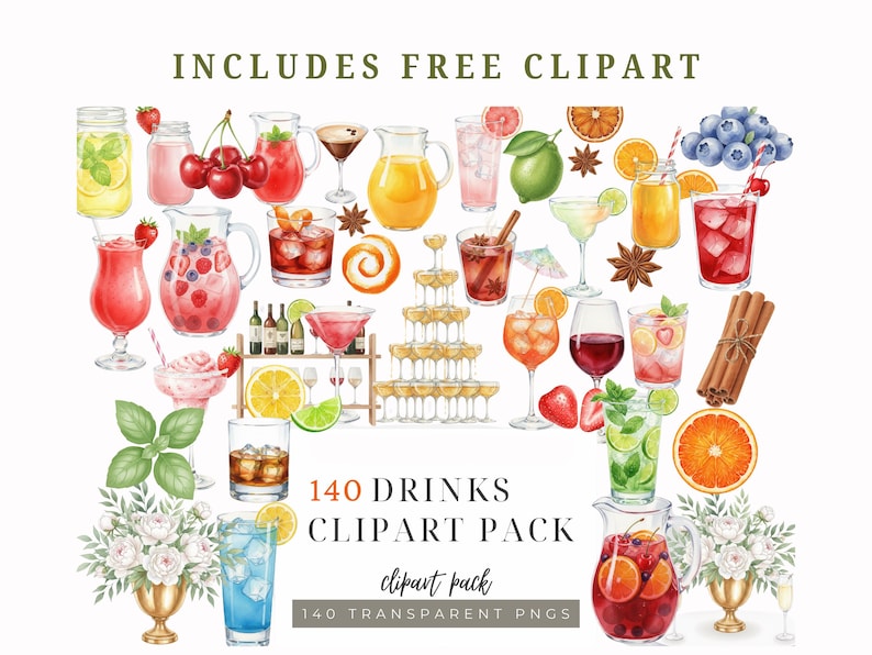 K&ouml;nnte beinhalten: Aquarell-Clipart-Paket mit 140 Getr&auml;nke-Illustrationen, darunter Cocktails, S&auml;fte und Garnierungen. Das Bild enth&auml;lt den Text "INCLUDES FREE CLIPART", "140 DRINKS CLIPART PACK" und "140 TRANSPARENT PNGS".