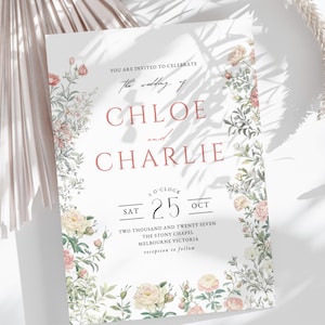 Spring Floral Wedding Invitation Template Editable in Canva, Pastel Flower Wedding Invite, Printable Invitation, Instant Download