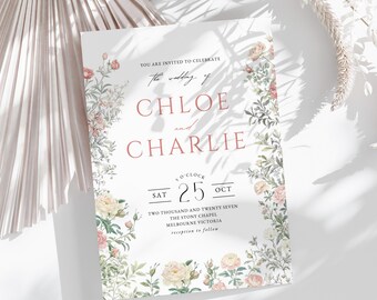 Spring Floral Wedding Invitation Template Editable in Canva, Pastel Flower Wedding Invite, Printable Invitation, Instant Download
