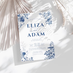 Modelo de convite de casamento em tecido editável Azul Toile de Jouy Convite para impressão Elegante Casamento no campo francês Download instantâneo