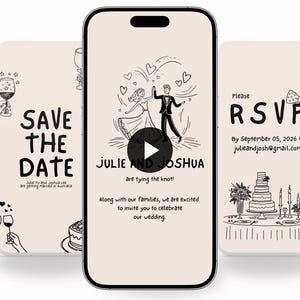 May include: A series of wedding invitation designs displayed on a smartphone screen. The central image features a couple dancing, with the names "JULIE AND JOSHUA" and the phrase "are tying the knot!" Other cards say "SAVE THE DATE" and "RSVP".
