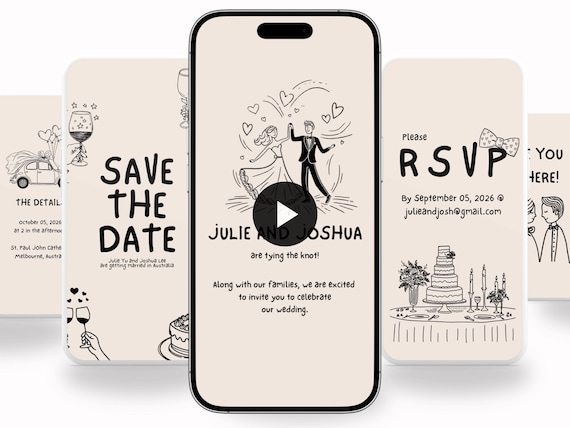 Whimsical Hand-Drawn Wedding Video Invitation Template (Digital Invite)