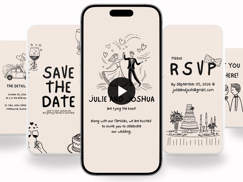 May include: A series of wedding invitation designs displayed on a smartphone screen. The central image features a couple dancing, with the names "JULIE AND JOSHUA" and the phrase "are tying the knot!" Other cards say "SAVE THE DATE" and "RSVP".