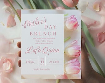 May include: A white invitation card with pink text announcing a Mother's Day Brunch hosted by Lala Quinn on Friday, May 11, 2025 at 2 pm. The card is surrounded by pink tulips and petals.