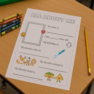 Peut inclure: Une feuille de travail imprimable "Tout sur moi" avec des lignes vierges pour qu'un enfant puisse y inscrire son nom, son âge, son anniversaire, sa couleur préférée, son animal préféré et sa nourriture préférée. La feuille de travail présente des illustrations colorées d'un visage souriant, d'un cœur, d'un pingouin, d'un cerf, d'un zèbre, d'un lion, d'un crayon, d'un citron vert et d'un morceau de fromage.