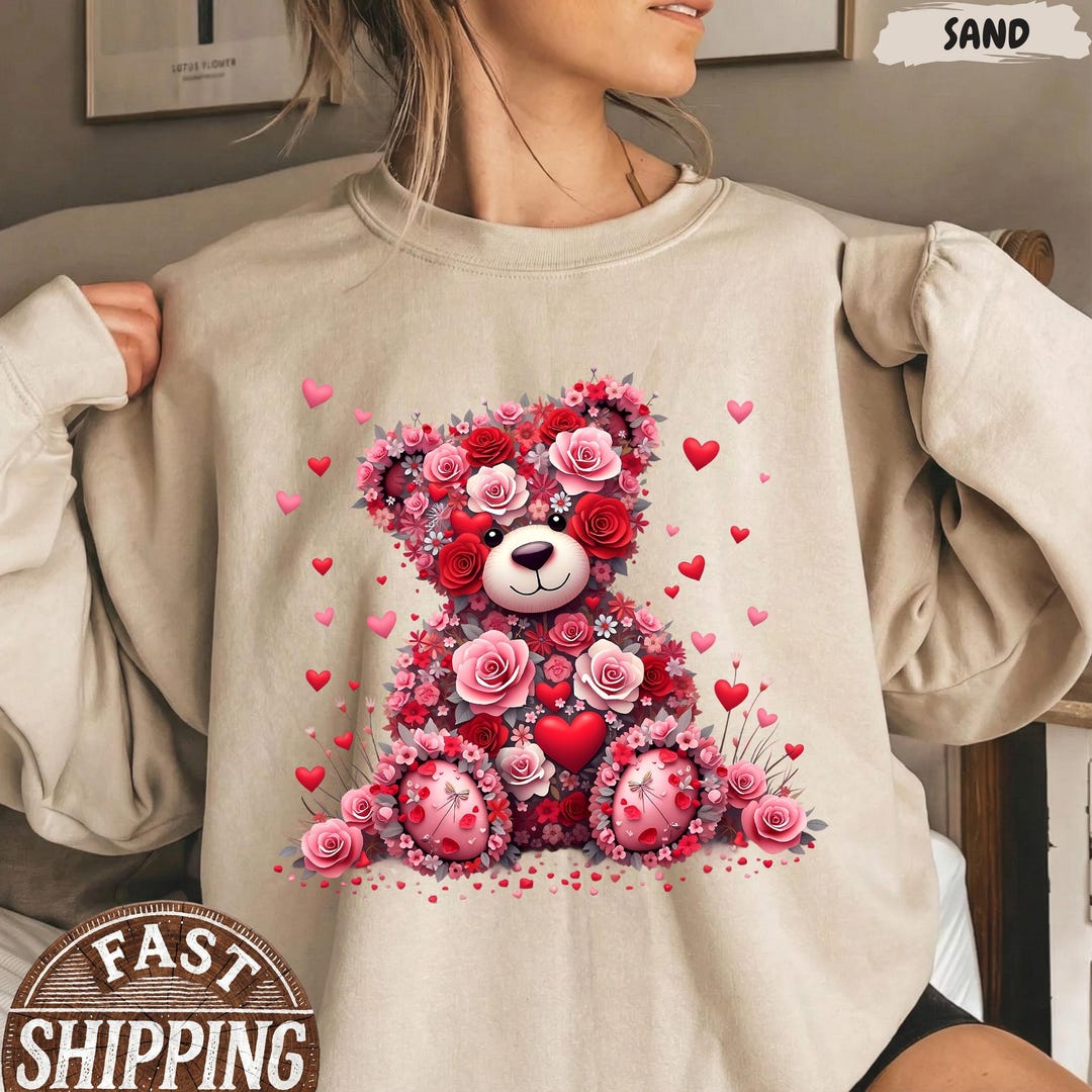 Floral Teddy Bear Valentine Sweatshirt:cute Love Heart Shirt Galentines ...