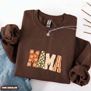 Mama Sweatshirt: Retro Fall Patchwork Pattern Crewneck and T-Shirt