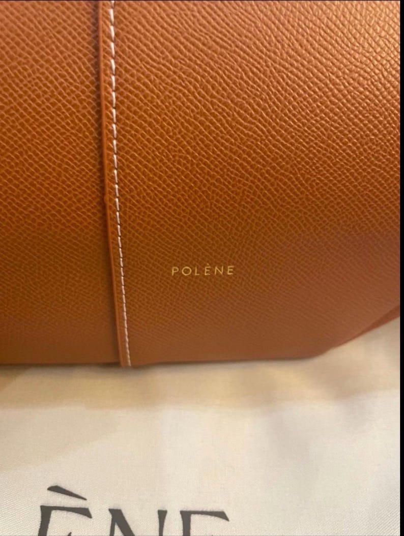 Puede incluir: Primer plano de un bolso de mano de cuero marr&oacute;n con una superficie texturizada. Una costura blanca recorre verticalmente el centro. La palabra "POL&Egrave;NE" est&aacute; impresa en letras doradas en el bolso.