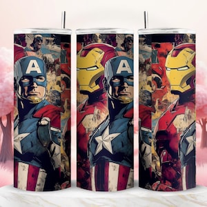 Tazza da viaggio in acciaio inossidabile da 20 once con Capitan America e Iron Man – Collage di supereroi Marvel – Regalo per fan dei fumetti