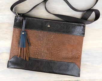 Flat Leather Shoulder Bag Handmade Leather Travel Bag Cross Body Shoulder Bag Brown Croc Purse