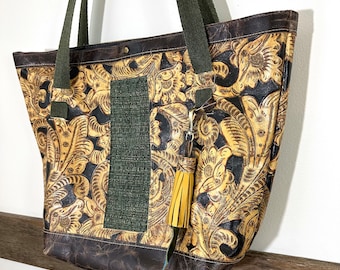 Tooled Leather Tote Bag with Tassel Big Market Bag Business- IN STOCK