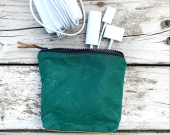 Waxed Canvas Power Cord Desk Caddie - Travel Cable Organizer Pouch with Leather Base