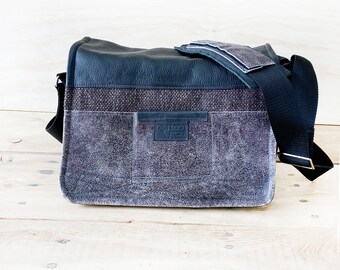 Camera Bag - MEDIUM-LONG Black Leather Gray Purple Tweed  Leather Camera Satchel Bag dslr