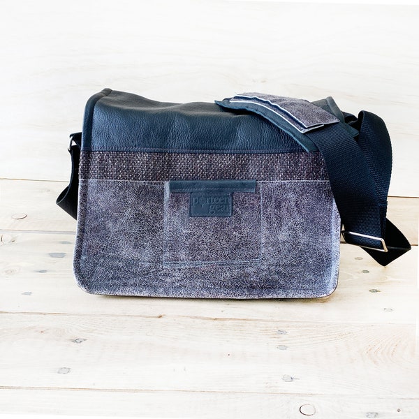 Camera Bag - MEDIUM-LONG Black Leather Gray Purple Tweed  Leather Camera Satchel Bag dslr