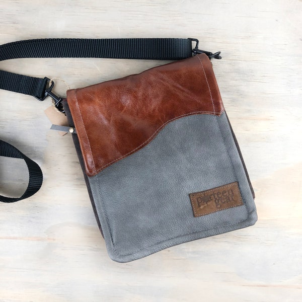 Gray MahoganyTapestry Leather Travel Bag Cross Body Shoulder Bag Messenger Purse Waxed Canvas