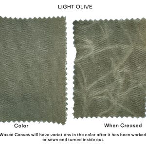 May include: Two rectangular swatches of light olive waxed canvas with pinked edges. The left swatch shows the flat color, while the right swatch displays the lighter, marbled texture that appears when the fabric is creased. Text reads LIGHT OLIVE.