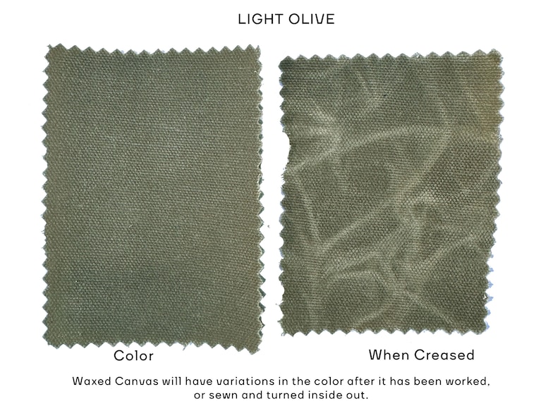 May include: Two rectangular swatches of light olive waxed canvas with pinked edges. The left swatch shows the flat color, while the right swatch displays the lighter, marbled texture that appears when the fabric is creased. Text reads LIGHT OLIVE.