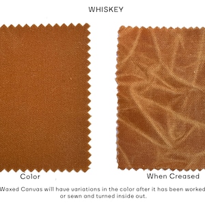 May include: Two rectangular swatches of whiskey-colored waxed canvas with pinked edges. The left swatch shows a uniform solid color, while the right swatch displays a lighter, marbled pattern of creases. Text reads: WHISKEY, Color, When Creased.
