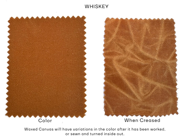 May include: Two rectangular swatches of whiskey-colored waxed canvas with pinked edges. The left swatch shows a uniform solid color, while the right swatch displays a lighter, marbled pattern of creases. Text reads: WHISKEY, Color, When Creased.