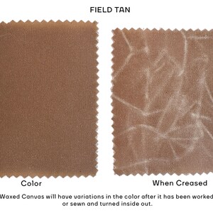 May include: Two rectangular swatches of field tan waxed canvas with pinked edges. The left swatch shows the flat, uniform color, while the right swatch displays lighter, white-toned creases and texture variations across the fabric surface.