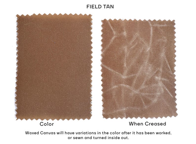 May include: Two rectangular swatches of field tan waxed canvas with pinked edges. The left swatch shows the flat, uniform color, while the right swatch displays lighter, white-toned creases and texture variations across the fabric surface.