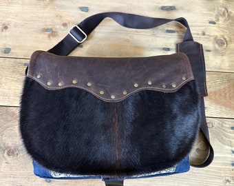 Cow Hair Leather Camera Bag MEDIUM Handmade Medium Satchel Blue Brown