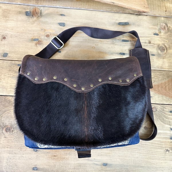 Cow Hair Leather Camera Bag MEDIUM Handmade Medium Satchel Blue Brown