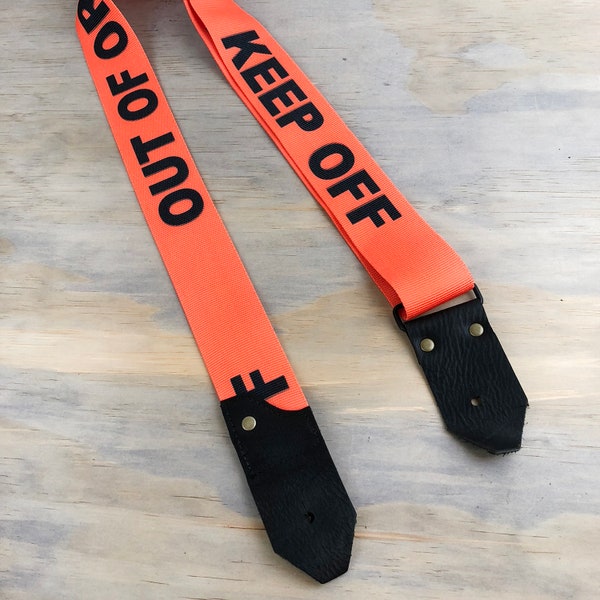 Guitar Strap Leather and Seat Belt - Orange Out of Order Keep Off