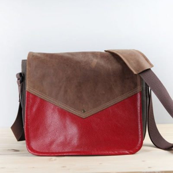Handmade Leather Commuter Bag New Satchel – Medium Distressed Brown and Red Book Bag