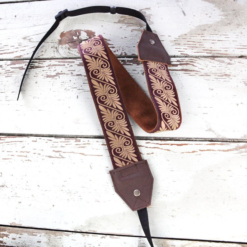 Handmade Leather and Suede Camera Strap Burgundy Scrolls DSLR PRE-ORDER